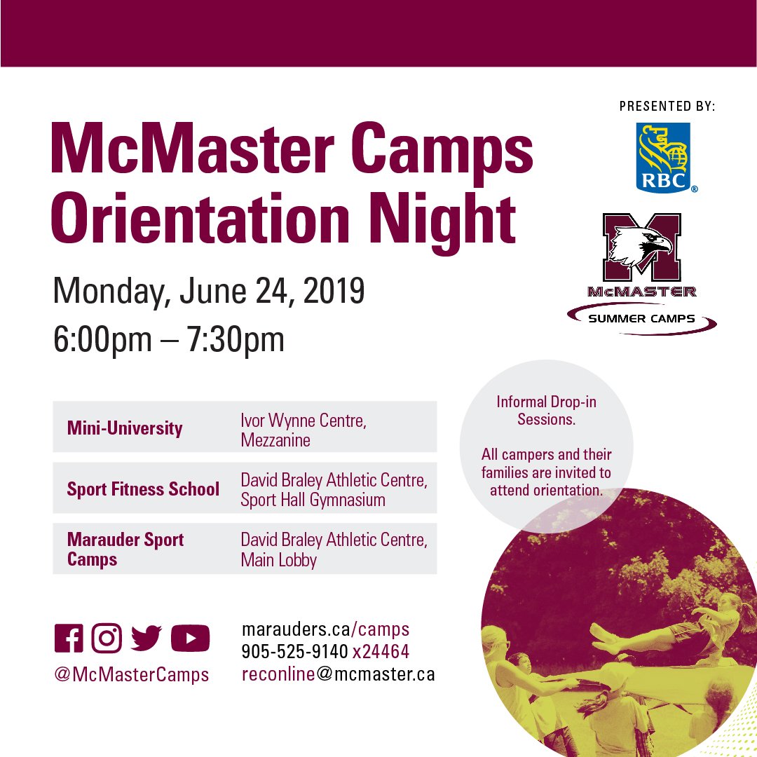 McMasterCamps's tweet photo. YOU'RE INVITED!
To @McMasterCamps Annual Orientation Night.
When: Monday, June 24th 6:00pm-7:30pm.
Informal, drop-in sessions for all of our campers & camp families!
We can't wait to meet you!
#McMasterCamps #OneCamp #ONight #SFS #MiniU #MSC https://t.co/blFzuVcFs7