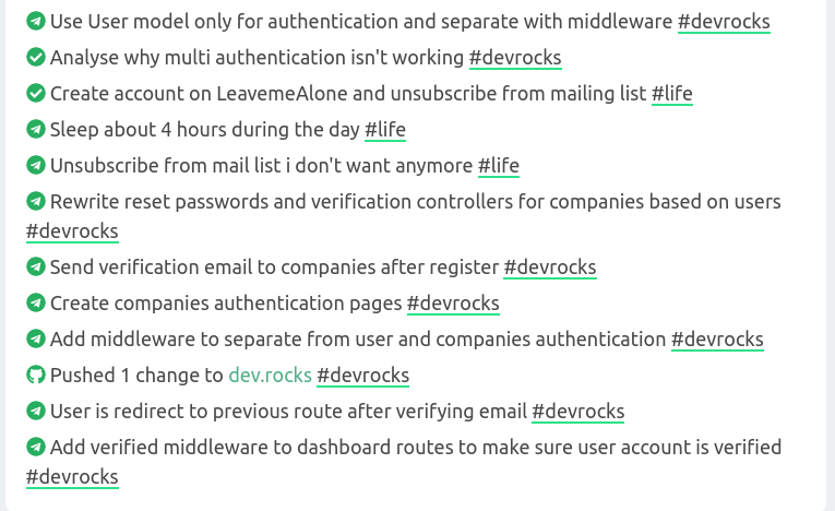 cagejose's tweet photo. Done today on @GetMakerlog:
โ
Add middleware to separate from user and companies authentication #devrocks
โ
Sleep about 4 hours during the day #life
โ
Create an account on LeavemeAlone and unsubscribe from mailing list #life https://t.co/xWaTpw0o7z