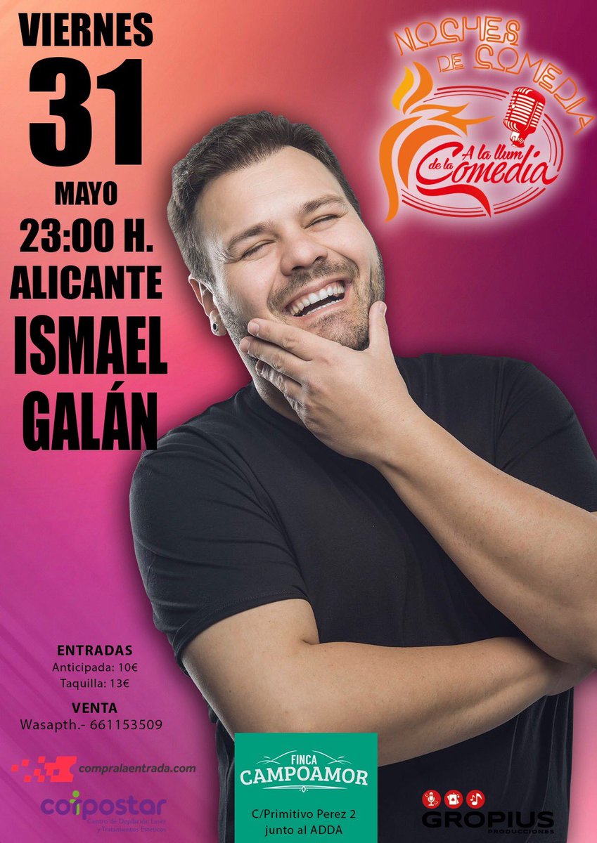 <a href="/Ismael_Galan/">Ismael Galán Cómico</a> @finca_campoamor @pacogropius <a href="/AlicanteOcio/">Ocio Alicante</a> <a href="/VivirAlicante/">Vivir Alicante</a>