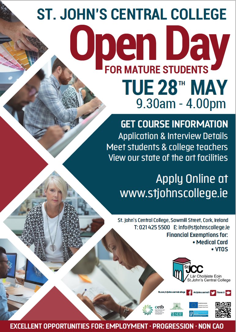 DouglasSt_CCFET's tweet photo. Last chance to see #CreativityCentral Tue 28th May #OpenDay for Mature students 9.30am-4.00pm. Free event. All welcome @stjohnscentral1 @CorkETB @corklearning @BestofCork @RandomCorkStuff @corkcitycentre https://t.co/N57qdOlR4z