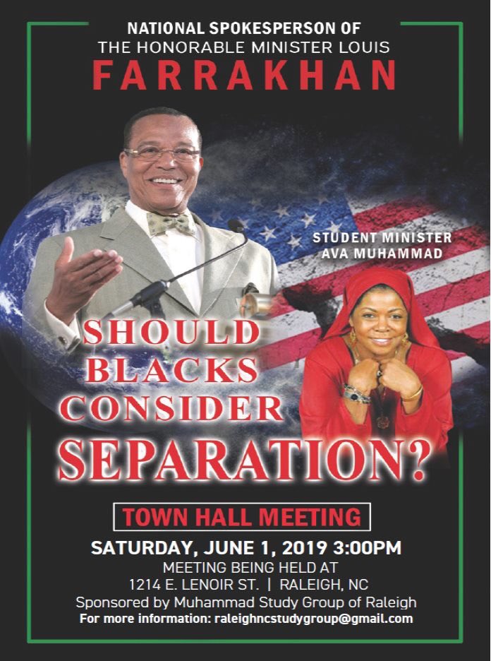 mosque34's tweet image. We’re excited to host a special town hall on Sat, June 1st @ 3pm at 1214 E. Lenoir St, Raleigh, NC. 

@DrAvaMuhammad, National Spokesperson of The Hon Min @LouisFarrakhan &amp;amp; Nation of Islam, is touring America conducting town halls on the question of separation. #ProjectSeparation