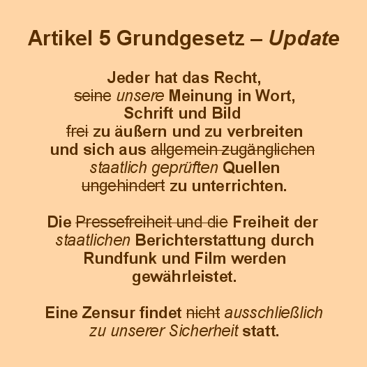 rfc2460's tweet photo. Wenn ich Annegret Kramp-Karrenbauer @akk richtig verstanden habe, soll Artikel 5 des #Gundgesetz wie folgt geändert werden:
#Zensur #Meinungsfreiheit #Pressefreiheit #rezo #gg #NiewiederCDU
(Die @cdu #cdu hat das Wahlergebnis in keinster Weise verstanden) https://t.co/R9MK4EQ6nw