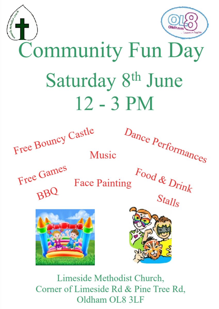 We have a community fun day on Saturday 8th June 12pm - 3pm
Everyone welcome, free entry. Please do come along <a href="/Oldham_Hour/">Oldham Hour</a>  @Tesco_Chadd <a href="/ol8community/">Ol8</a> <a href="/avrofc/">Avro FC</a>  #OldhamHour