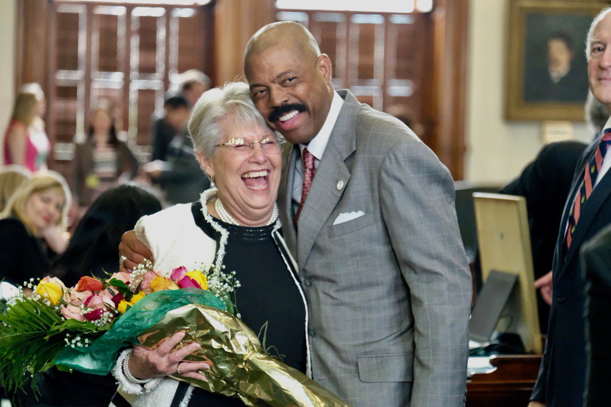 kherman's tweet photo. Sen. Miles with Senate Secretary Patsy Spaw after senators OK resolution honoring her 50 years of service in the Senate. Sounds like they like her. #txlege https://t.co/ioCSco6rXz
