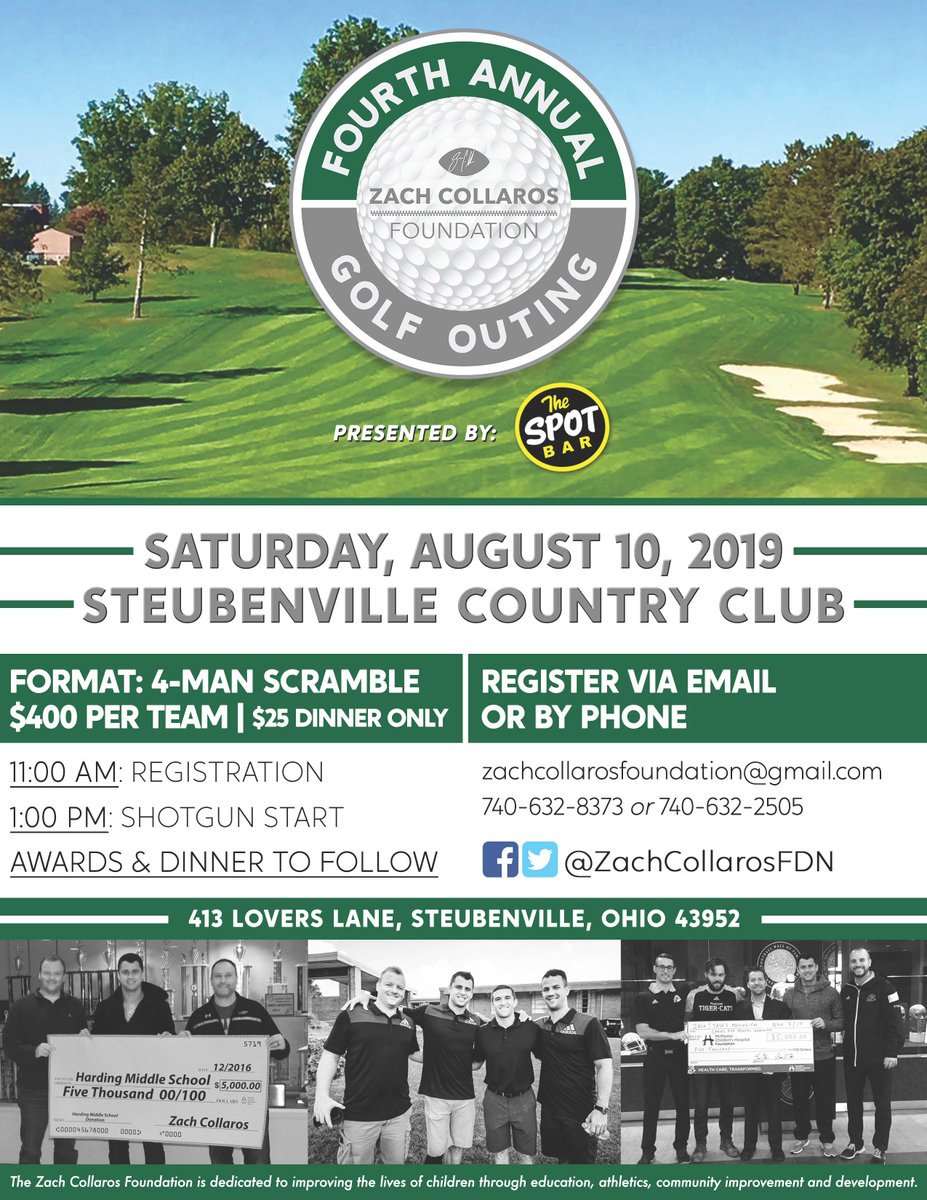 ZachCollarosFDN's tweet photo. We're excited to announce the Fourth Annual Zach Collaros Foundation Golf Outing Presented by The Spot Bar on Saturday, August 10th at the Steubenville Country Club! Limited team availability so get your team registered today! https://t.co/Hex6nVzTmd