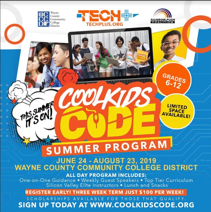 RevJJackson's tweet image. THIS SUMMER, IT’S ON! HIGH SCHOOL &amp;amp; MIDDLE SCHOOL STUDENTS! The COOLEST KIDS really do code. Join us for the COOLEST program in DETROIT #CoolKidsCode. Join @RPCoalition &amp;amp; the @WCCCDistrict , we are PAVING the way.June 24-August 23, 2019. REGISTER NOW...techplus.org #CoolKidsCode