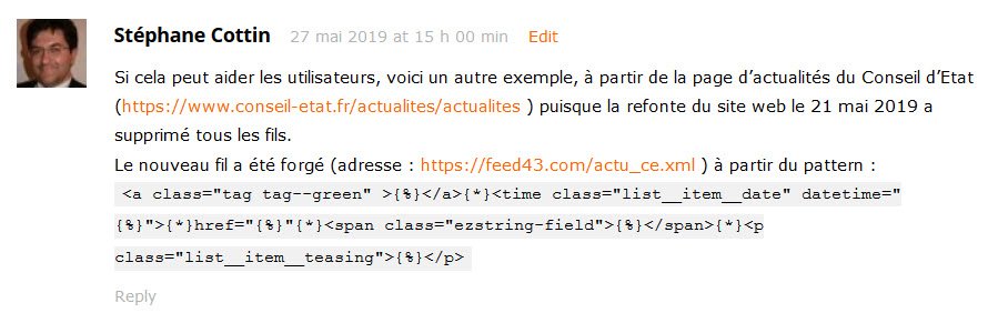RSSCircus's tweet photo. [#RSS|#FEED43] En commentaire de mon tutoriel sur Feed43, Stéphane Cottin (@cottinstef) nous livre sa formule pour suivre les actualités du Conseil d'Etat! 
Et si vous partagiez les vôtres ? ATTENTION, vos codes doivent être saisis entre <code> et </code>
https://t.co/J1MmpB1HYH https://t.co/nw1IpxKAxW
