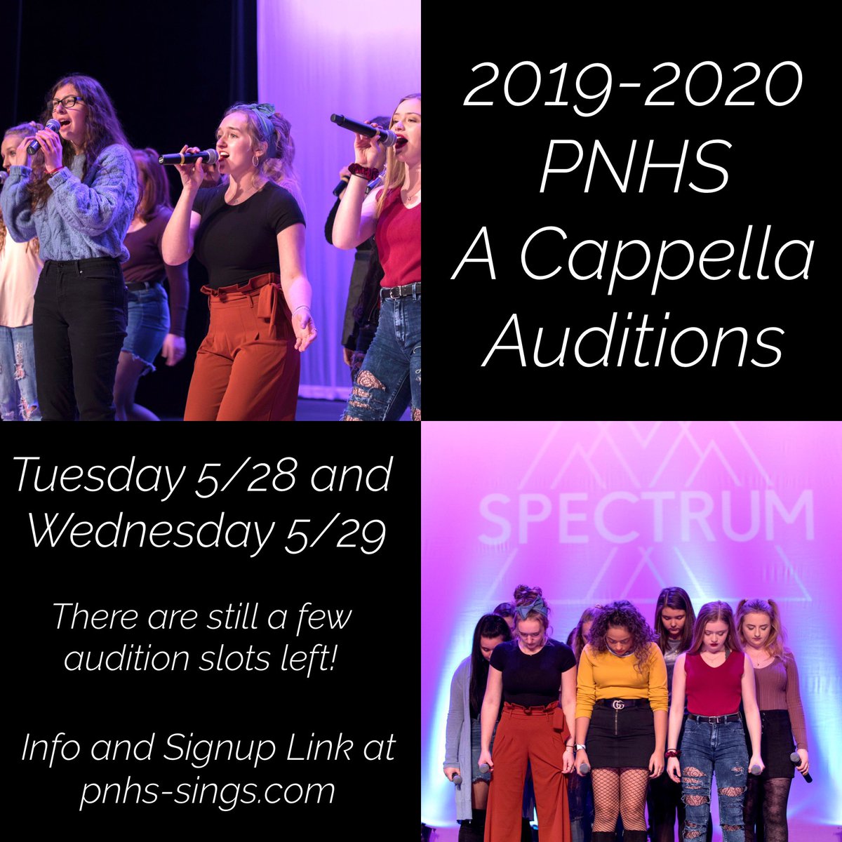 Interested in joining one of Plymouth North’s a cappella groups next year? Join us at PNHS this Tuesday or Wednesday to audition! Information, audition forms, and time slot sign ups are available at pnhs-sings.com. Hope to see you there! 🎵😃
