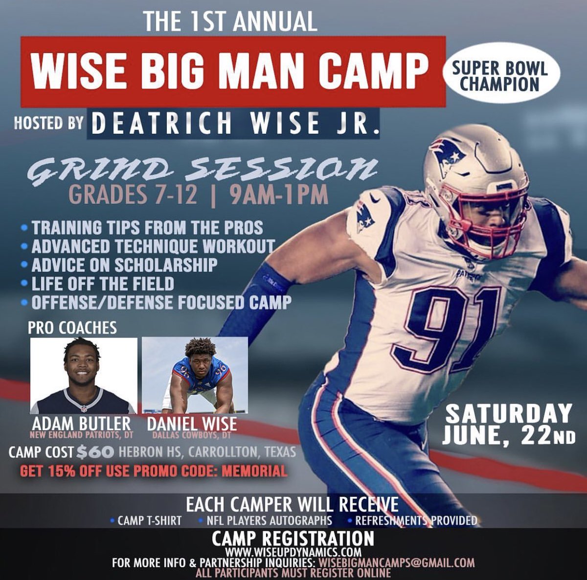 Last day to get 15% off the best Offensive/Defensive Line Camp this summer. <a href="/deatrich/">Deatrich Ralph</a> of the New England Patriots and his family are hosting the first EVER Wise BIG MAN Camp. 
Bring out the big boys and let’s get bigger, quicker, learn effective techniques, and more wisdom!