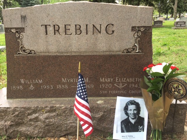 PLuebke's tweet photo. Friends Jody and Dave found Mary Elizabeth Trebing's resting place in Green Mountain Cemetery/Boulder, CO. Left flowers, along with a photo &amp; a penny. She died, aged 23, in a forced landing during a ferry flight and rests now with her Mom and Dad under the trees.  #HonorTheWASP https://t.co/LAGN9sPgTI