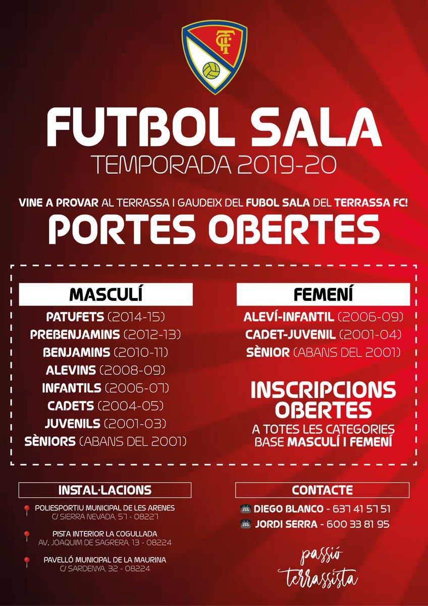 TerrassaFC's tweet image. 📣 PORTES OBERTES 📣

El #futsal MASCULÍ♂️ i FEMENÍ♀️ del @TerrassaFC obre el període d'INSCRIPCIONS! 😍 Des del 2⃣7⃣ de maig, jornades de PORTES OBERTES a #LesArenes📍, #LaCogullada📍 i #LaMaurina📍 Vine a provar al #Terrassa!

TOTS ELS DETALLS ⤵
❤ #passióterrassista