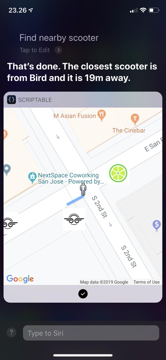 “Hey Siri, find nearby scooter”. The shortcut shows nearby scooters from Bird and Lime. That’ll come in handy during WWDC 🛴

It’s a tweaked version of <a href="/olegam/">Ole Gammelgaard</a>’s script: gist.github.com/olegam/901654d…