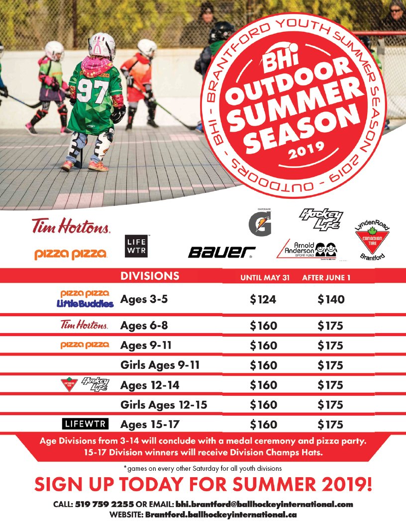 The May 31 pricing deadline for Summer Season ends this week.  Register today and SAVE!  

To register, call 519 759 2255, email bhi.brantford@ballhockeyinternational.com or visit us at the rink office.