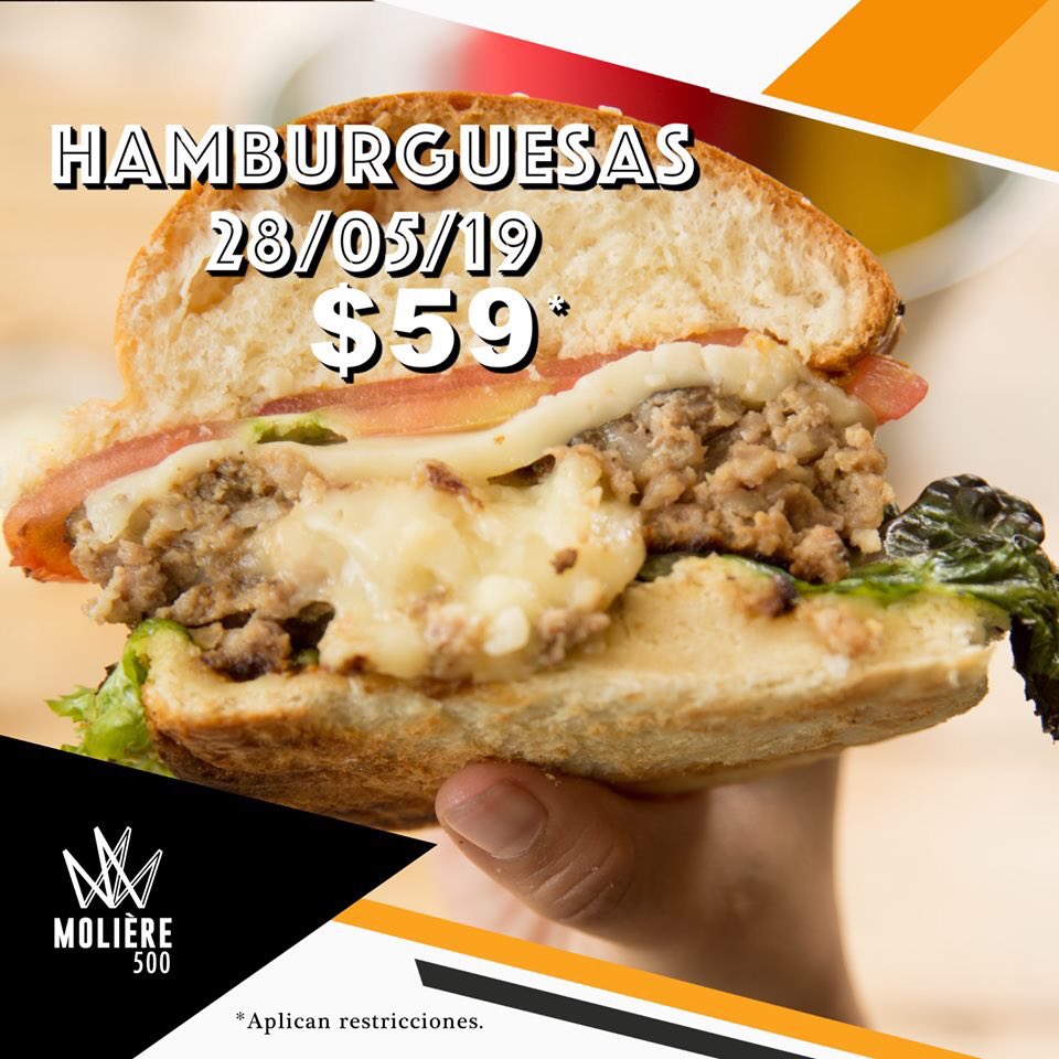 Este 28 de mayo todas nuestras hamburguesas estarán a $59. ¡Elige la que más te guste! #FelizDiaDeLaHamburguesa #BurgerDay #Molière500