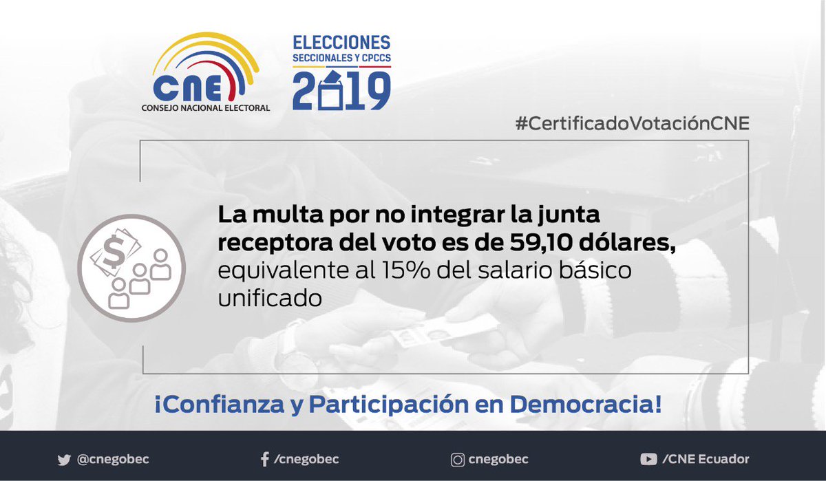 #CNEInforma | La multa por no haber integrado la Junta Receptora del Voto es del 15% del salario básico unificado. 
Para mayor información puedes acercarte a la Venezuela 1301 y 20 de Junio. #Sucumbíos