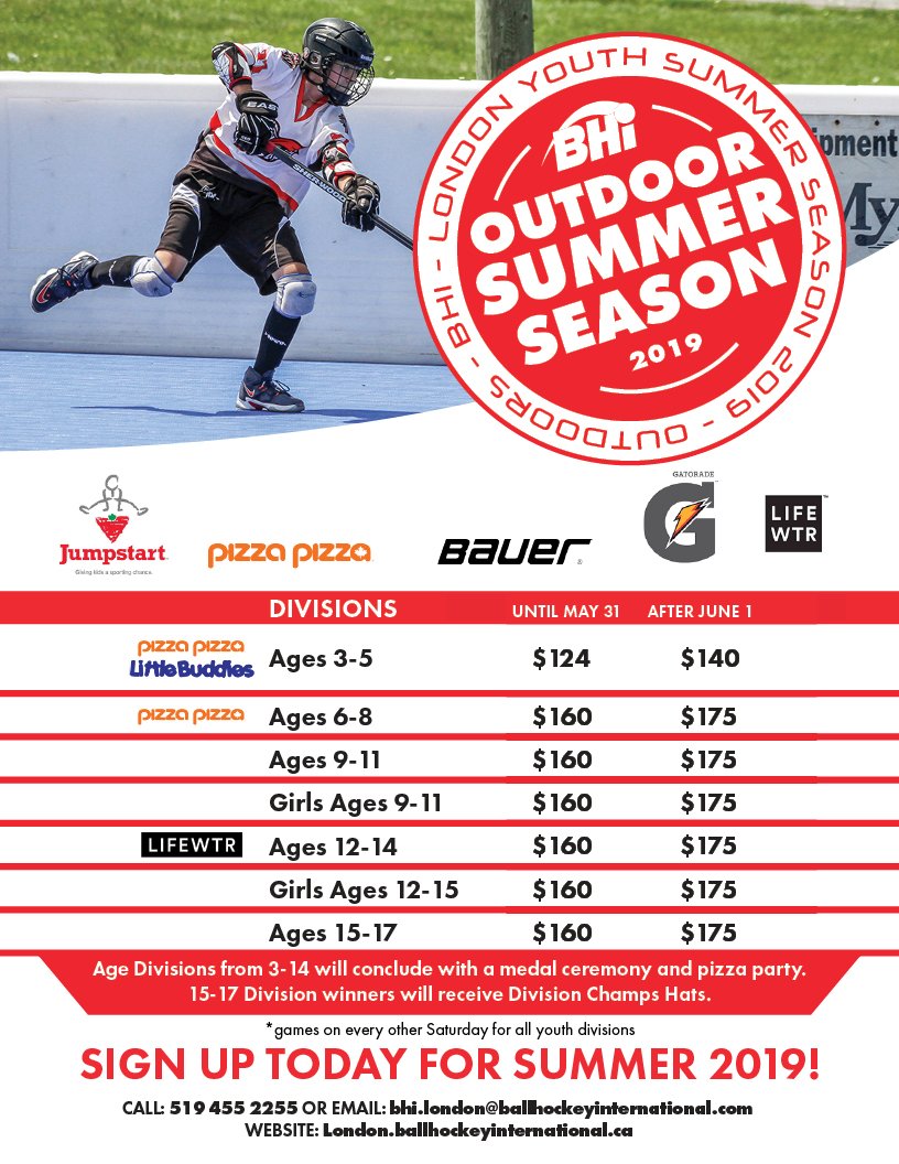 The May 31 pricing deadline for Summer Season ends this week.  Register today and SAVE!  

To register, call 519 455 2255, email bhi.london@ballhockeyinternational.com or visit us at the rink office.