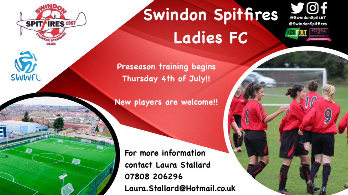 The Ladies start preseason training on Thursday 4th July. New players are welcome to attend ⚽️

@WiltsCountyFA @swwfl @kickitout @FvHtweets @NewCollSwindon

#SwindonSpitfires 🔴⚫️