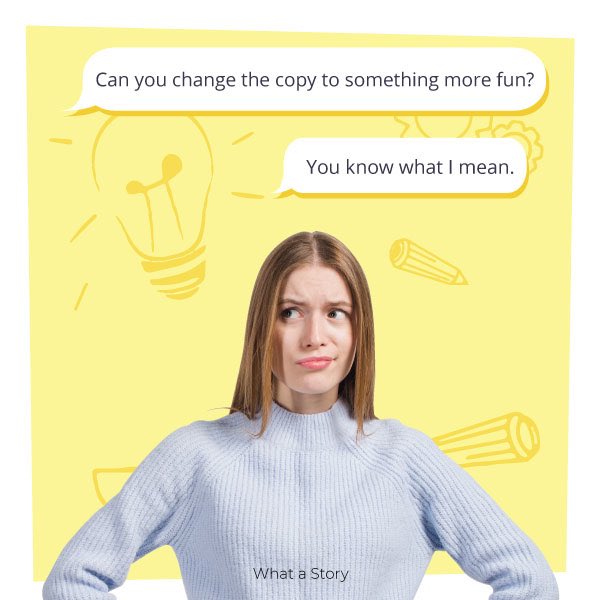 whatastory's tweet photo. Knows nothing. Still wants changes in everything. 
#LifeOfACopywriter.
.
.
#copywriterlife #designerlife #designer #graphicdesigner #agencylife #adagency #advertising #branding #videoproduction #animatedvideo #liveactionvideo #whatastory #storytelling #copywriter https://t.co/Rx1pyN1jZo