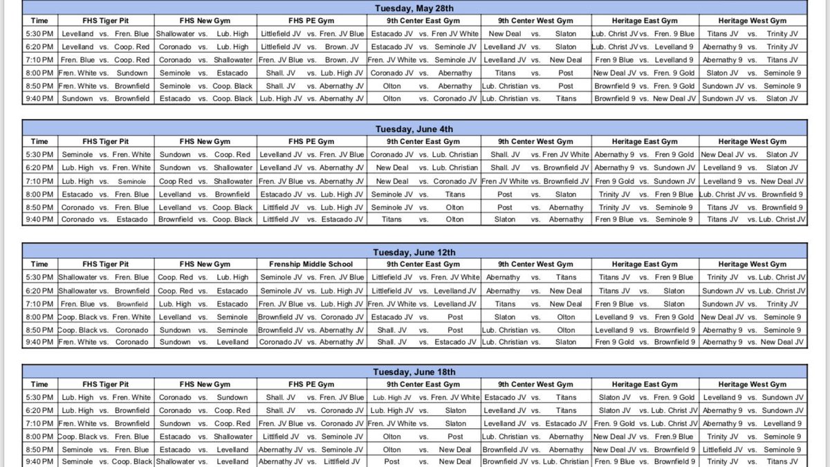 Frenship Summer League starts tomorrow: 

Location: 9th Center East Gym

8:50pm vs. Abernathy
9:40pm vs. Coronado JV