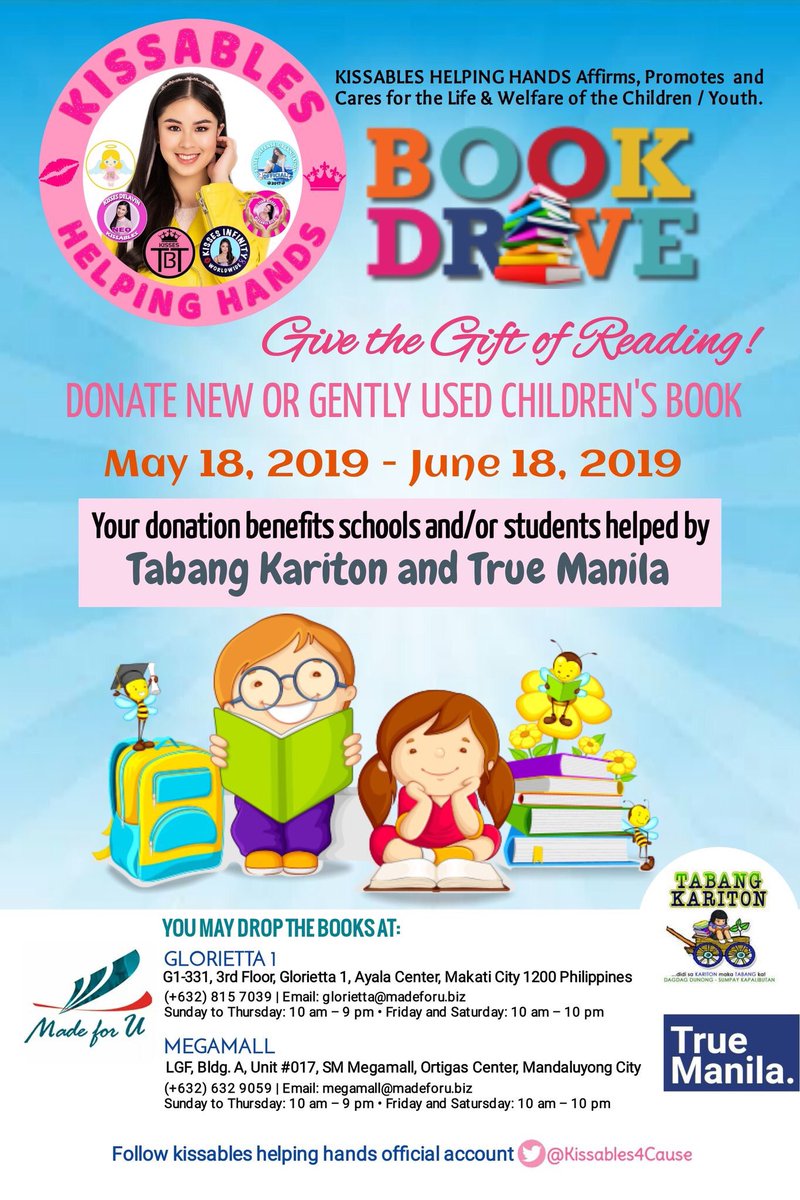 KDTrendsetters's tweet photo. The Kissables Helping Hands @Kissables4Cause Book Drive is still ongoing! You can still donate new/gently used children’s books at Glorietta 1 or SM Megamall until June 8. Our Official Hashtag:

#HandogSaKWEENaBOOKasan
@KissesDelavin Kisses Delavin https://t.co/48IdDzZIDg