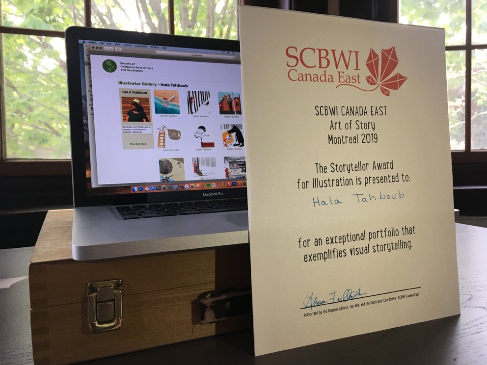 HalaTahboub's tweet photo. Thank you so much @SCBWICanadaEast for a fantastic Art of Story, Montreal 2019 conference. Feeling so grateful to have won The Storyteller Award for Illustration… I’ve learned so much and had a lot of fun. Thanks to all organizers, speakers and fellow illustrators and writers. https://t.co/ylQ9Ed33HM