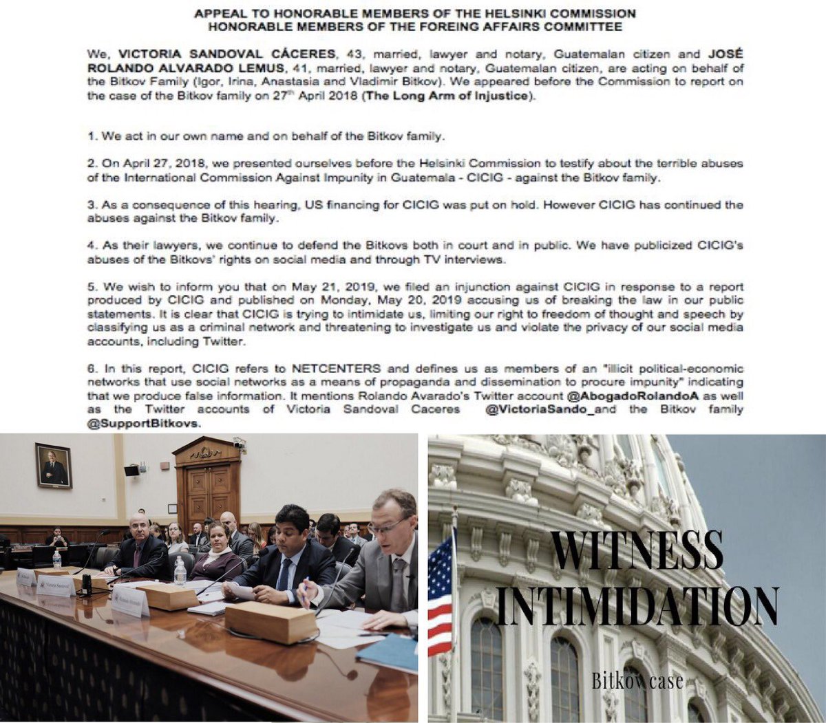AbogadoRolandoA's tweet photo. Hoy denunciamos a @CICIGgt ante los miembros de @HelsinkiComm y Foreing Affairs Committee 🇺🇸
Como represalia ante nuestra declaración testimonial en EEUU, #CICIG nos ha incluido como parte de una “estructura criminal” que opera en redes sociales. https://t.co/sjYiGN8yto