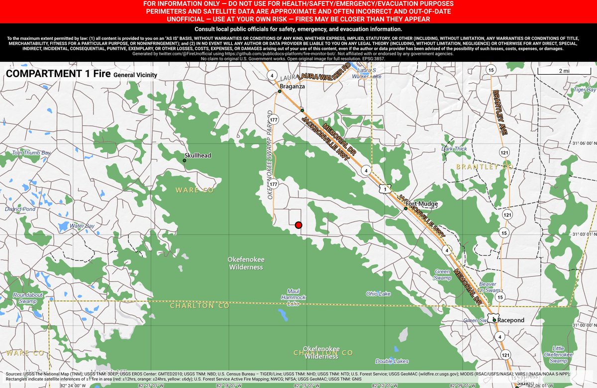 EasternFireBot's tweet image. #Compartment1Fire 🔥 unofficial update: 185 Acres. 98% Contained*.
#WareCounty Okefenokee NWR; ~11mi SW of Hoboken, GA. ~60mi NW of Jacksonville, FL. See officials for safety info. May be incorrect; disclaimers in images.