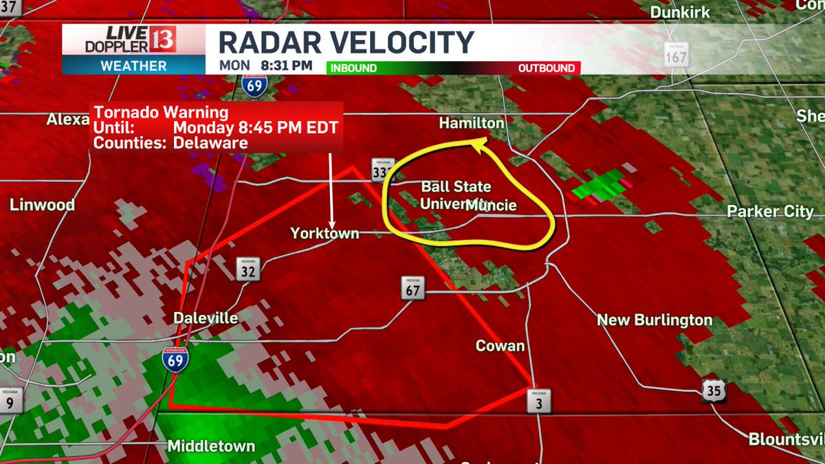 DELAWARE COUNTY.... UNDER A TORNADO WARNING UNTIL 8:45PM.  RADAR INDICATED ROTATION, HEADING TOWARD <a href="/BallState/">Ball State</a> @WTHRCOM #INWX