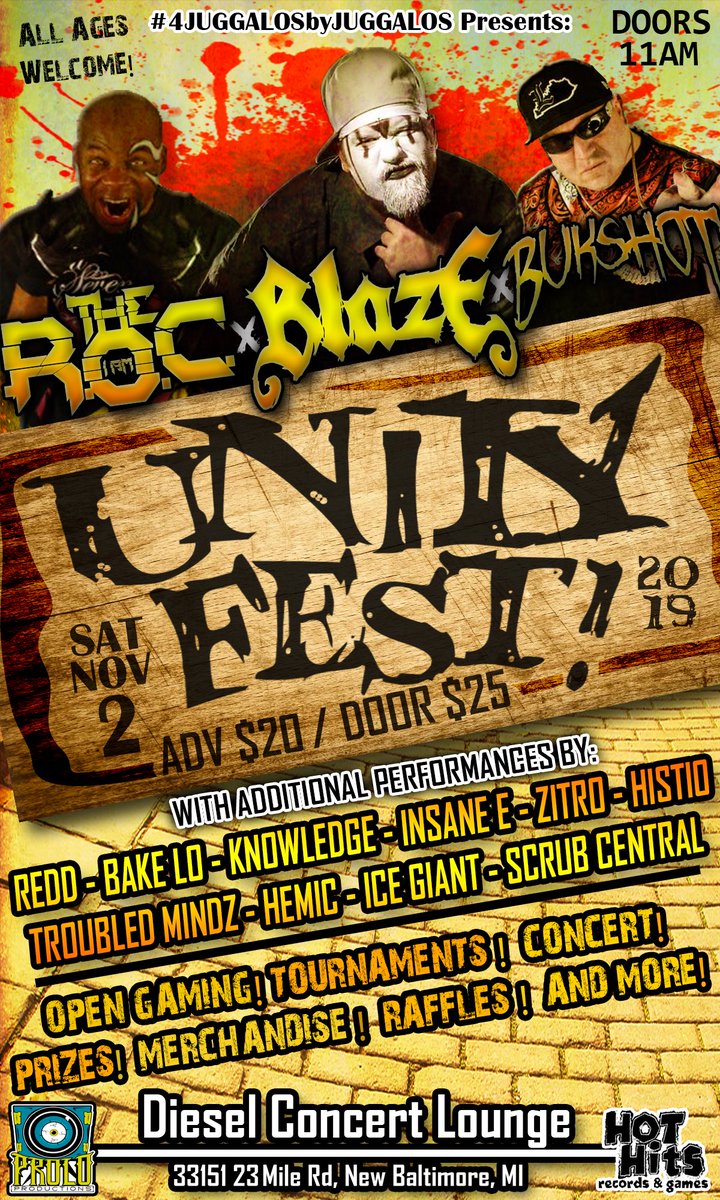 majikninjaent's tweet image. This one is going to be fun!!!#4juggalosbyjuggalos brings to you #unityfest at the #dieselconcertlounge in New Baltimore, MI November 2nd 💀
@iamtheroc @blazeyadead1 @bukshizzle &amp;amp; more are performing!!!
#blazeyadeadhomie #theroc #bukshot #redd #insanee #underground #mne2019