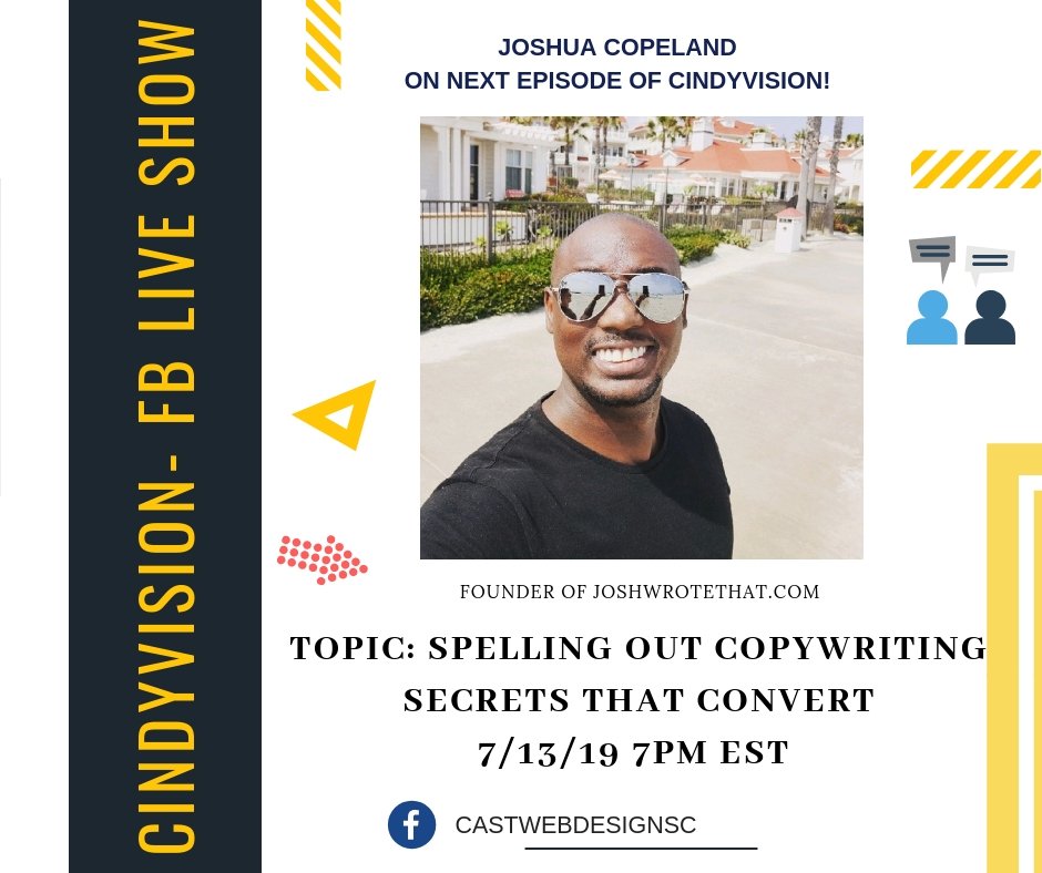 So honored that Joshua has agreed to come onto #nextepisode #Cindyvision #spellingoutcopywritingsecretsthatconvert #copywritingsecrets #smallbizflliveshow 7/13/19 7pm EST !