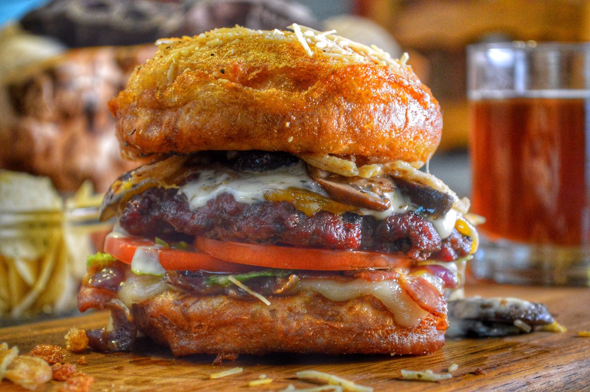 DamonHolter's tweet photo. There’s just something about a burger...I can’t get enough!  Made this baby with a beer-battered &amp; seasoned @PepperidgeFarm bun, Maple Bourbon Bacon Jam, Arugula, Fontina Cheese, Tomato, Wagyu Beef, Cheddar, Parmesan Ranch Sauce, Onion Straws and love. #RespectTheBunPromotion https://t.co/3dz6LozvLD
