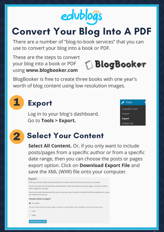 edublogs's tweet image. BlogBooker is a handy tool to turn your blog into a PDF. It can be great to make a memento of your student work from the year. 

Find out more in this post

theedublogger.com/blogs-end-of-y…