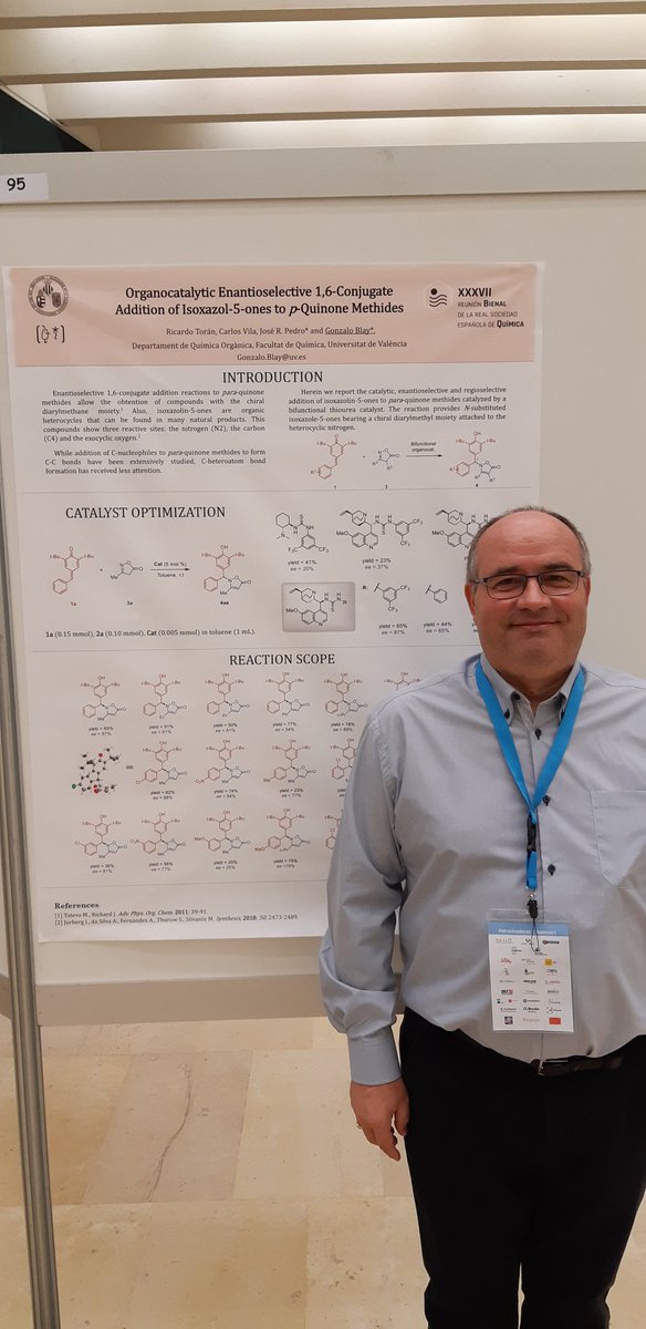 Today I will be presenting a poster at the #bienalRSEQ2019 on addition of isoxazolinones to pQMs. Good job by <a href="/RicardoToran/">Ricardo Torán</a> <a href="/UV_EG/">Universitat València</a>
