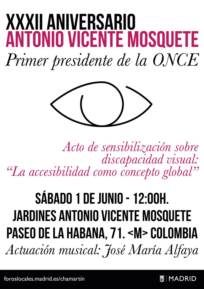 Informar y sensibilizar en materia de discapacidad visual es el objetivo del acto organizado por la Mesa de Política Social y Vivienda de #ForosLocales #Chamartin.
🗓l 1 de junio, ⏰a las 13h
📍Jardines Antonio Vicente Mosquete (Pª Habana, 71)
Abierto a toda la ciudadanía