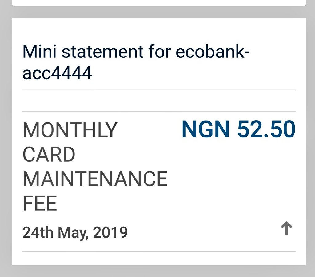 I wonder why <a href="/ecobank_nigeria/">Ecobank Nigeria</a> kept deducting Monthly Card Maintenance on an account that doesn't have ATM CARD. CC: <a href="/CENBANK/">Central Bank of Nigeria</a>