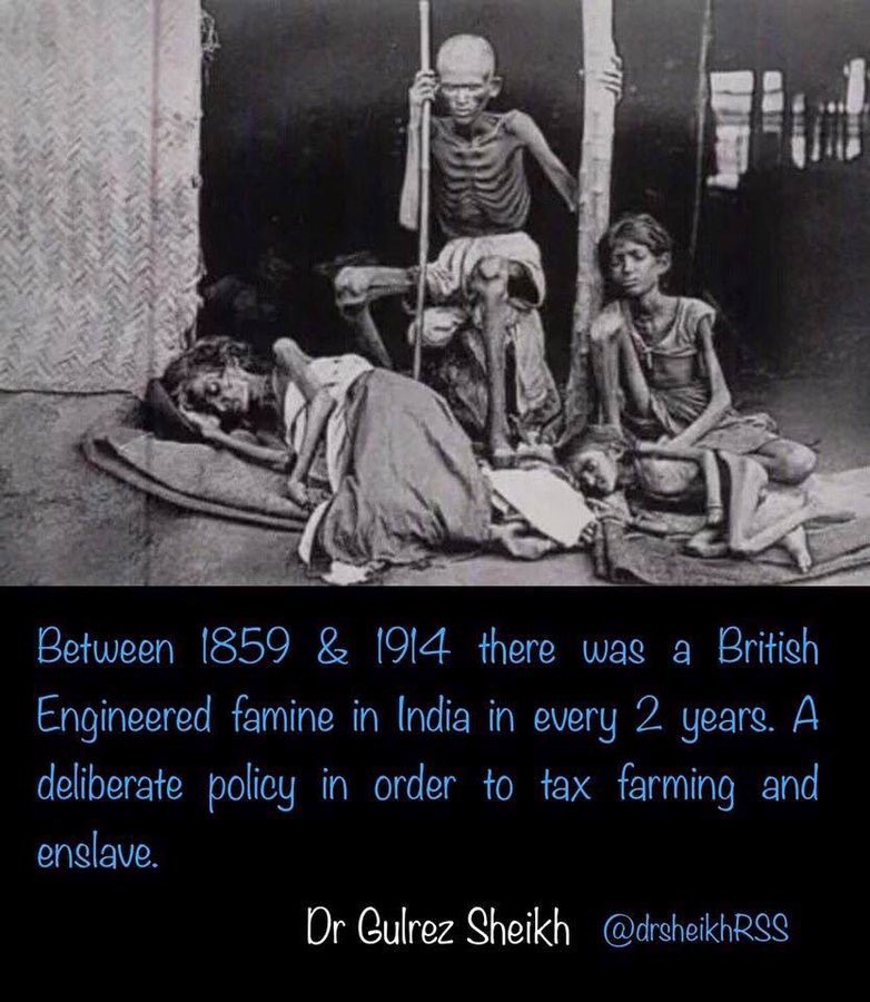 drsheikhBJP's tweet photo. Between 1859 &amp; 1914 there was a #BritishEngineered #famine in #India in every 2yrs. A deliberate policy in order to #tax farming and #enslave. https://t.co/XjOMtkBaKp