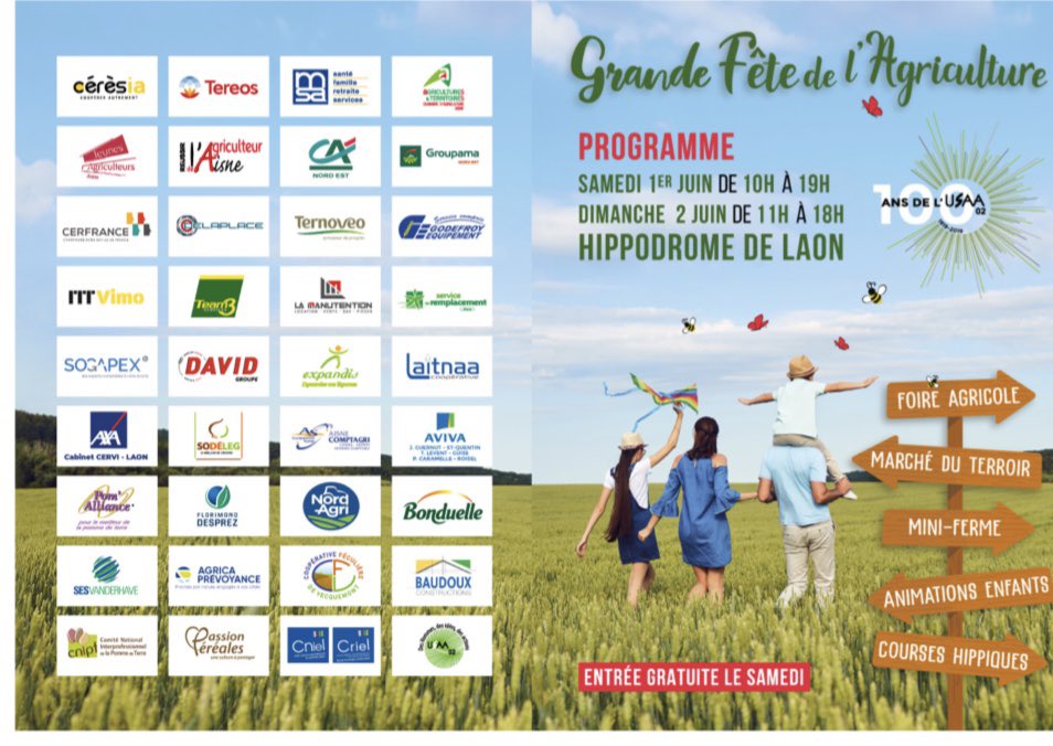 usaa_02's tweet photo. Les 1er et 2 juin, RDV à l’hippodrome de LAON pour la grande fête de l’agriculture 👩🏻‍🌾👨🏻‍🌾🐄🐓🐑🐖🐎avec nos partenaires!
 @villedelaon @hautsdefrance 
@JYBricout @ecvass02 @Chambagri_02 #ceresia @Tereos @CreditAgricole @GroupamaFd02 @journalAA02 @Cerfrance @msa_actu https://t.co/PME3nsKio5