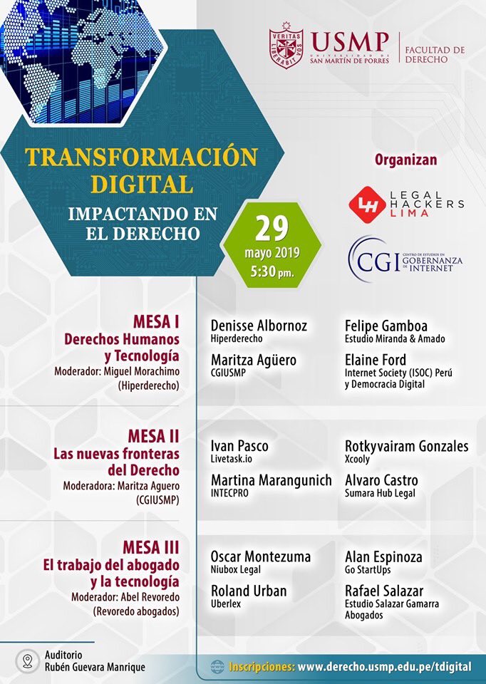 cgiusmp's tweet photo. 📍29 de mayo @USMPDerecho y @LegalHackersLim presentan: ”Transformación Digital: Impactando el Derecho” evento que cuenta con la participación de grandes expositores. No te lo pierdas! cc: @niuboxlegal @hiperderecho @revoredope @AbelRevoredo  @ConcytecPeru @chuamant https://t.co/4ZJGWGrHaW