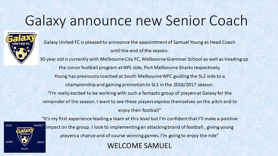 geelonggalaxyfc's tweet photo. Club Announcement- Welcome Samuel #reachforthestars #gufootball #footballvictoria #NPLWVIC #samuelyoung https://t.co/8boFNYKjbl