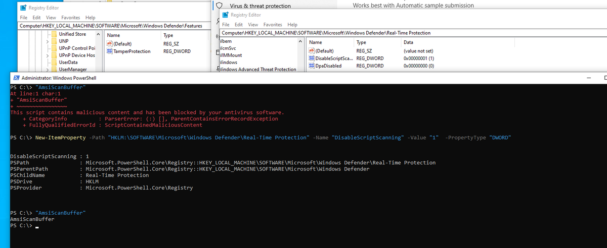 BufferOv3rride's tweet photo. Another way to disable the script engine in win10 1903(rs6) with Tamper protection enabled. the only difference is this method requires you to run PowerShell with TrustedInstaller privs. https://t.co/MTGnzJvy2W