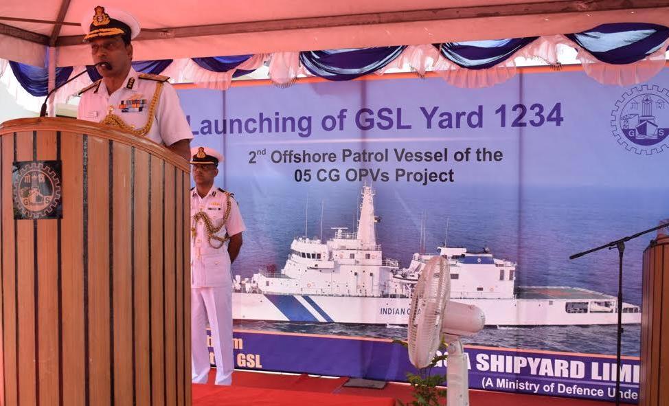 IndiaCoastGuard's tweet image. Ms Seema Mittal,wife of Shri Sanjiv Mittal #CGDA launched d 2nd #CoastGuard Vessel (indigenous project of 5 #OffshorePatrolVessel) at #Goa on 25th May 19 &amp;amp; named her 'Sujeet' @IndiaCoastGuard ADG K Natarajan, #FOGA #DGP (Goa) #CMD (GSL) and various dignitaries attended d ceremony