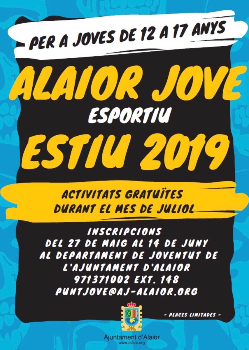 jovesalaior2's tweet photo. Alaior Jove 🇺🇦
Activitats gratuïtes:
Audiovisuals, cavall, escalada, caiac, senderisme, Karate, defensa personal, pàdel, tennis, tennis Taula, agility, ciclisme, bàsquet, petanca, vòlei, atletisme, escacs, aquatló i automodelisme.
Inscripcions disponibles a @ajuntamentalaior https://t.co/HaPRG5Bl6I