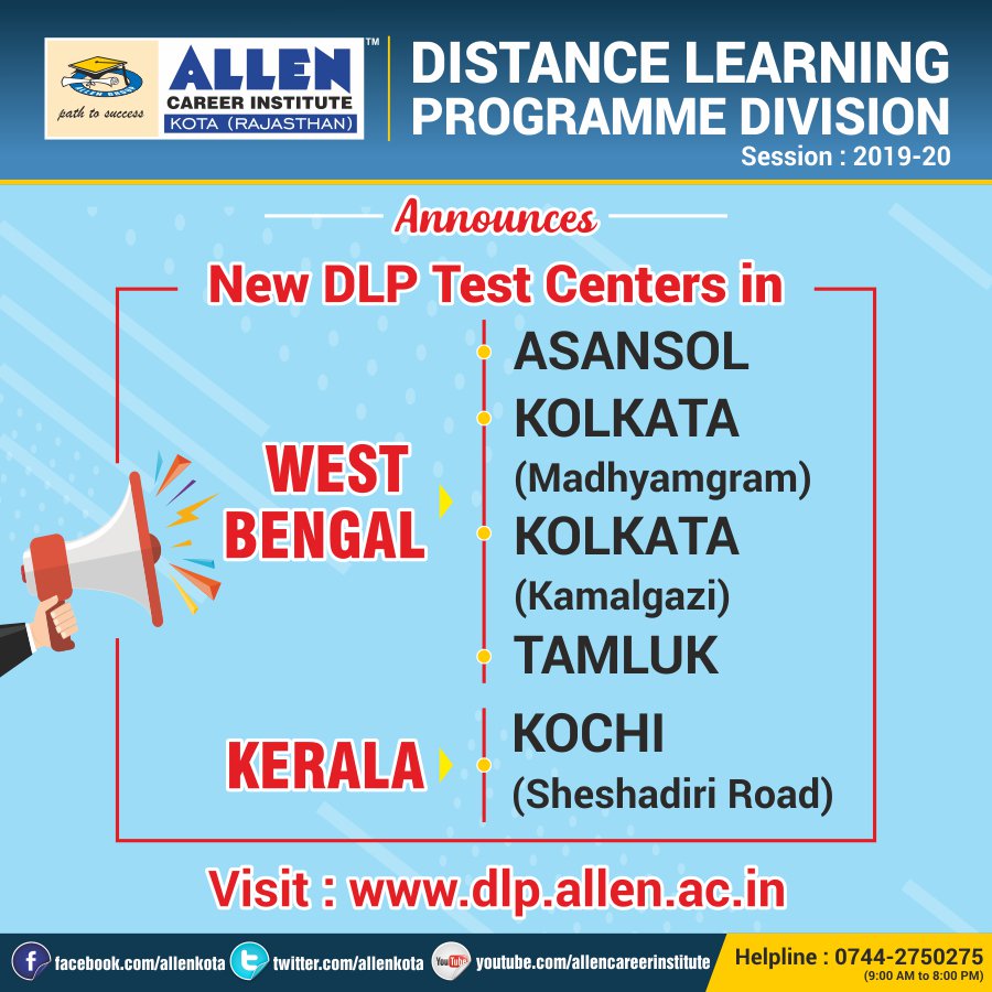 ALLENkota's tweet photo. ✌️ALLEN #DistanceLearningProgram division announces
📢 New DLP Test Centers in Asansol, Madhyamgram (Kolkata), Kamalgazi (Kolkata), Tamluk in West Bengal and Kochi in Kerala
👉 For details, visit: https://t.co/tylITl50mA
📞 0744-2750275
#AllenDLP #Kotacoaching #ALLENKota https://t.co/22LTwj0N95