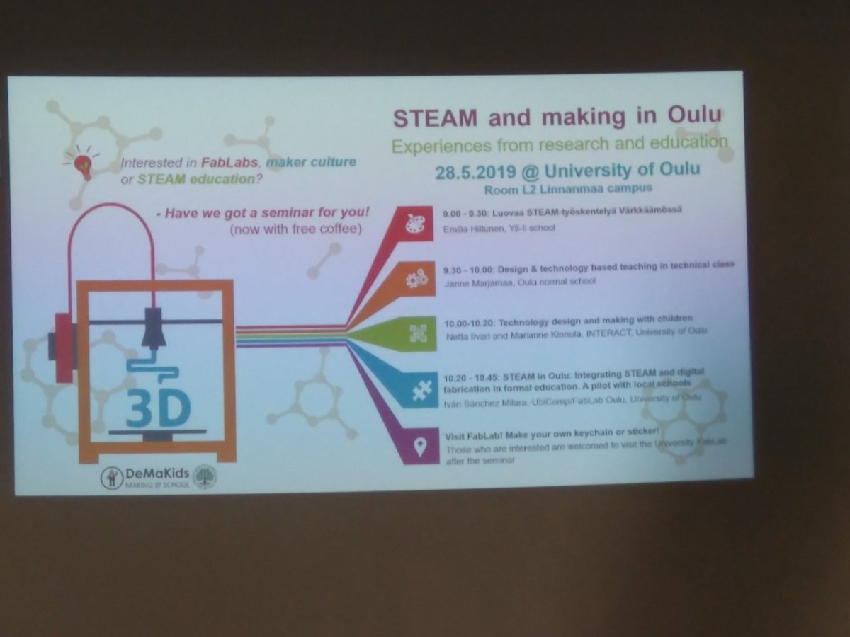 fablab_oulu's tweet photo. And today @ivanmilara will present in #Demakids seminar the #steaminoulu project in which @fablaboulu @unioulu has participated by training local teachers in digital fabrication #steampath #steampolku https://t.co/E2QOspuqnx