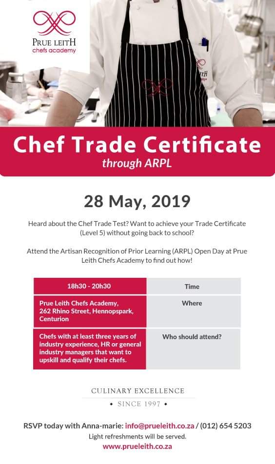 prueleithchefs's tweet photo. Calling all @sa_chefs! Join us tonight to find out how you can achieve your trade certificate through ARPL. RSVP with Anna-marie for an info and networking evening - info@prueleith.co.za #artisanchefs #chefslife #qualifiedchef https://t.co/YjALlLySsW