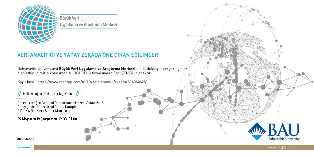 Bu haftaki <a href="/data_istanbul/">Data İstanbul</a> konu ve konuğumuz "Veri Analitiği ve Yapay Zekada Öne Çıkan Eğilimler" başlıklı sunumu ile <a href="/ergisener/">Ergi Şener</a> olacak. Etkinliğe kayıt olmayı unutmayınız!
Meetup linki : meetup.com/tr-TR/dataista…
#bau #bigdata #büyükveri #baubigdatacenter #AI #yapayzeka #meetup