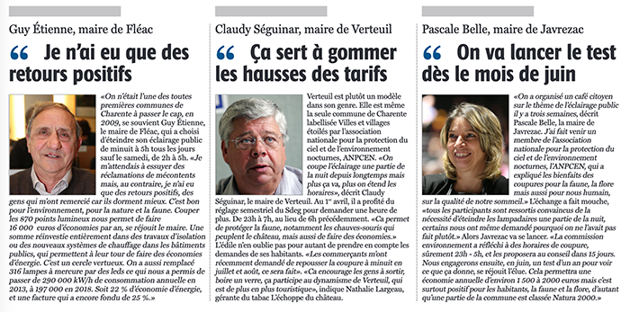 anpcen's tweet photo. #CharenteMaritime #NouvelleAquitaine : #Fleac, #Verteuil, #Javrezac "la majorité des communes a déjà franchi le pas" #VillesetVillagesétoilés @ANPCEN 3 maires témoignent dans @charentelibre https://t.co/YJa95J3ate