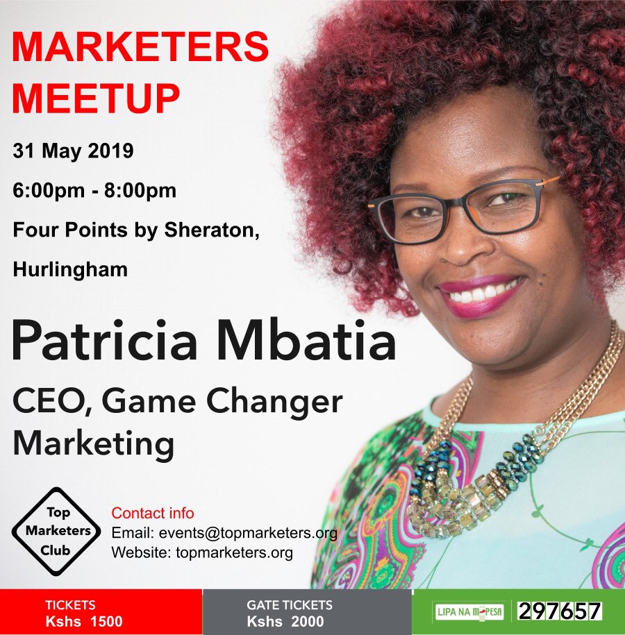 TopMarketers1's tweet photo. We’re pleased to have Patricia Mbatia from @ChangerMark as a panelist at the #MarketersMeetup on 31 May, 2019 from 6:00PM - 8:00PM at Four Points by Sheraton,Hurlingham,Nairobi.
Full Bio>>https://t.co/ZqnVgXgNAj
RSVP>>https://t.co/kEhx6rbY5i
#Marketing #ExperientialMarketing https://t.co/c4xnJSRqux
