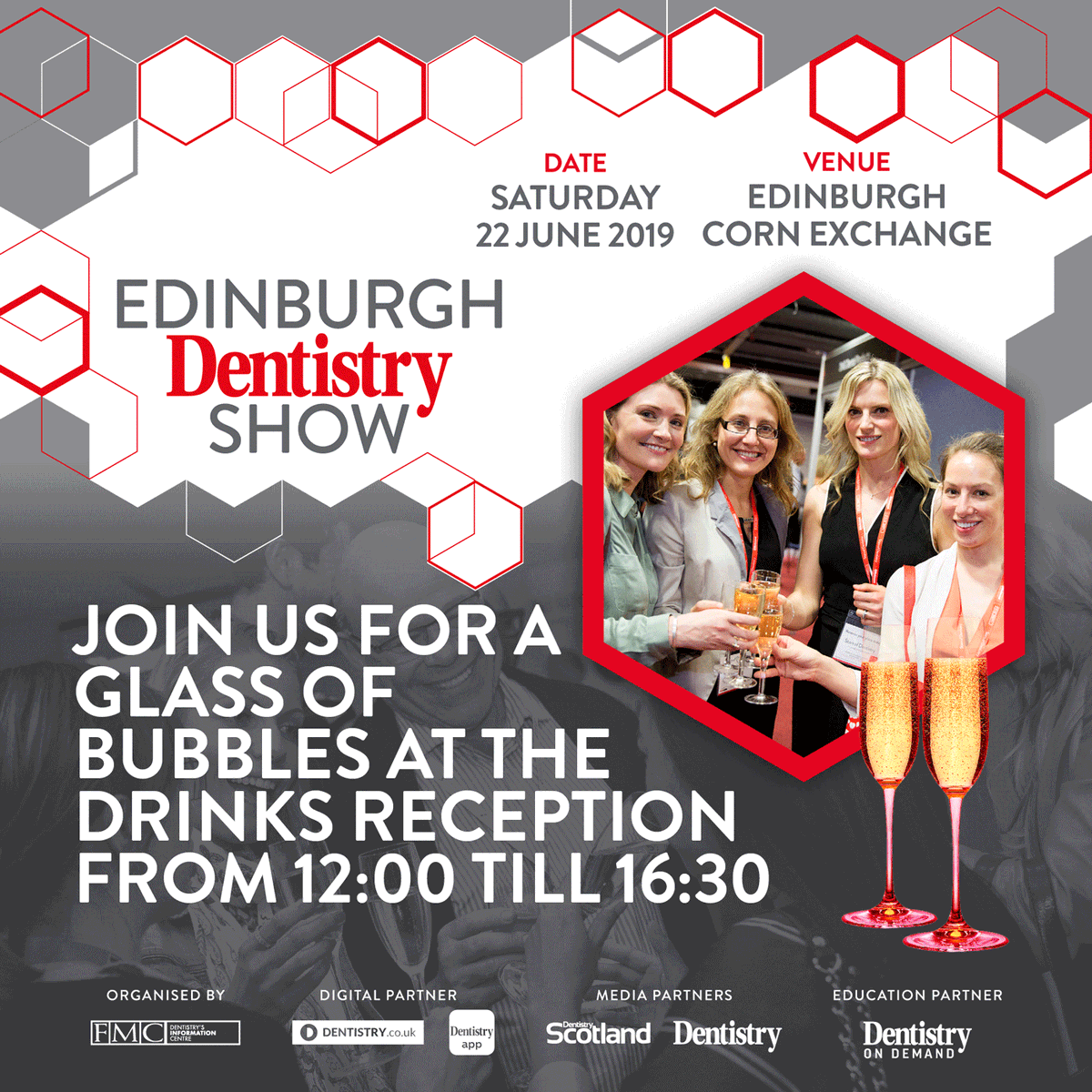 Join us for a glass of bubbles at the drinks reception from 12pm until 4:30pm at the unmissable Edinburgh Dentistry Show. Register now& attend for free!
👉 bit.ly/2VGzbll 👈  

#edinburghdentistryshow #dentist #dentistry #digitaldentistry #dentistlife #dentistedinburgh
