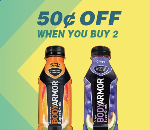 GoMartStores's tweet photo. Need to rehydrate after the long weekend? Get .50 off 2 bottles of Body Armor with the GoMart app! https://t.co/xU7UjlJEQs #GoForGoMart #hydrate #fuelup https://t.co/IGXG8wXTjp